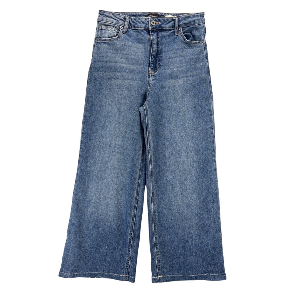 BCBGeneration Women's 9/29 High Rise Wide Leg Jeans Raw Hem Blue Stretch Denim